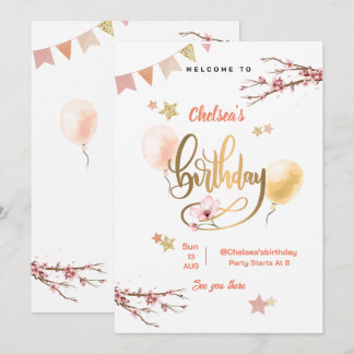 Aquarellfarben Blumenrosa Balloons Geburtstag Einladung