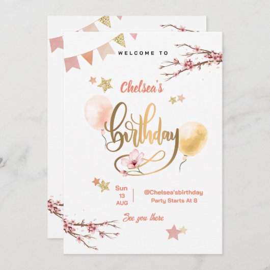 Aquarellfarben Blumenrosa Balloons Geburtstag Einladung (Vorne/Hinten)