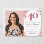 Aquarellfarben Blumenrosa Custom Foto 40. Geburtst Einladung (Vorderseite)