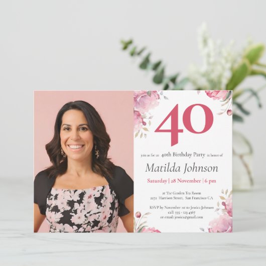 Aquarellfarben Blumenrosa Custom Foto 40. Geburtst Einladung (Stehend Vorderseite)