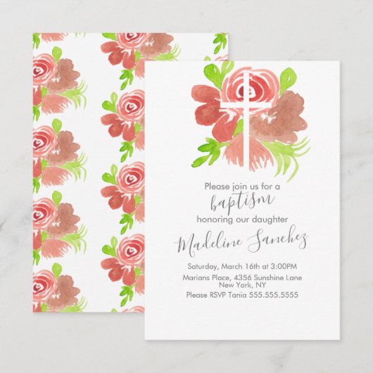 Aquarellfarben Blumenrosa Taufbecken Dedication Einladung (Vorne/Hinten)