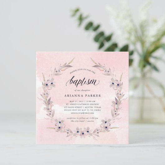 Aquarellfarben | Blush Pink Floral Taufe Einladung (Stehend Vorderseite)