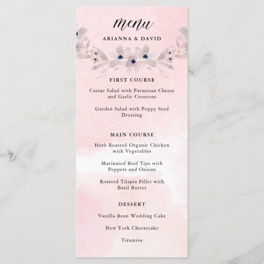 Aquarellfarben | Blush Pink Floral Wedding Menu Menükarte (Vorderseite)
