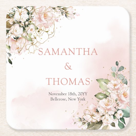 Aquarellfarben Blush Rose Eukalyptus Goldhochzeit Rechteckiger Pappuntersetzer (Vorderseite)