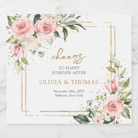 Aquarellfarben Blush Rose Eukalyptus Goldhochzeit Schaumweinetikett (Einzelnes Label)