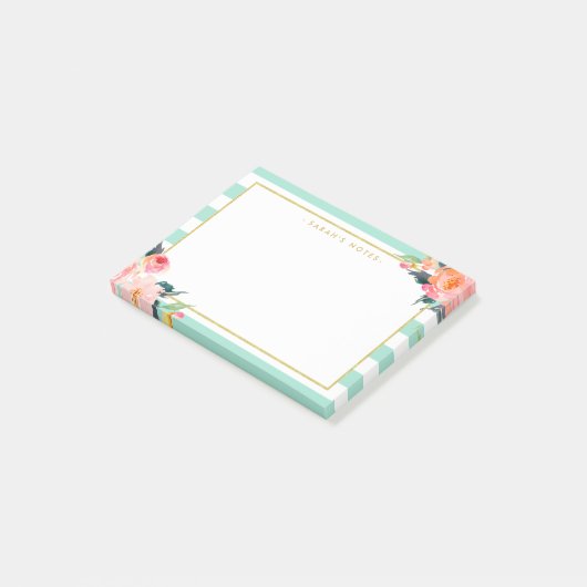 Aquarellfarben Blütengoldrahmen Minzgrün Streifen Post-it Klebezettel (angewinkelt)