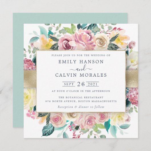 Aquarellfarben Blütengrün Gold Rahmen Einladung (Vorne/Hinten)