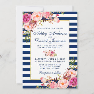 Aquarellfarben Blütenrosa Blaue Streifen Hochzeit  Einladung