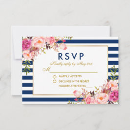Aquarellfarben Blütenrosa blaue Streifen Hochzeits RSVP Karte