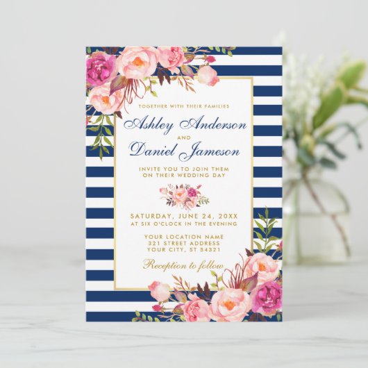 Aquarellfarben Blütenrosa Blauer Streifen Hochzeit Einladung (Stehend Vorderseite)