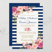 Aquarellfarben Blütenrosa Blauer Streifen Hochzeit Einladung (Vorne/Hinten)