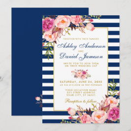 Aquarellfarben Blütenrosa Blauer Streifen Hochzeit Einladung
