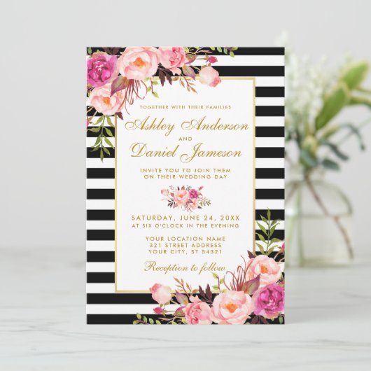 Aquarellfarben Blütenrosa Blütenrot Goldstreifen-H Einladung (Stehend Vorderseite)