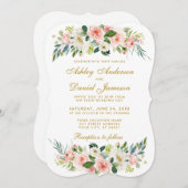 Aquarellfarben Blütenrosa Blütenweißgoldene Hochze Einladung (Vorne/Hinten)