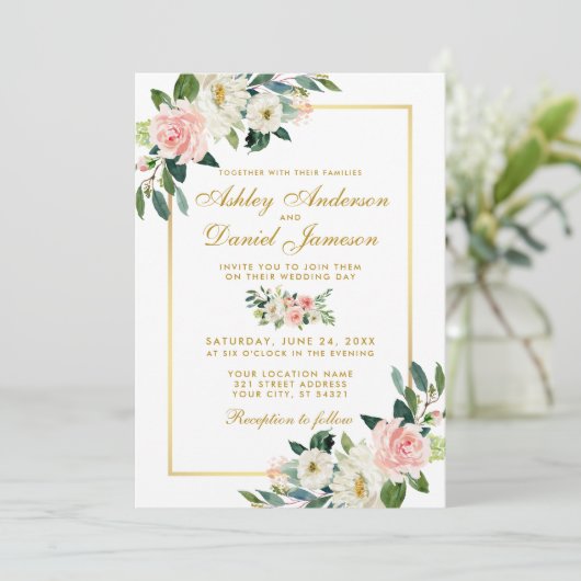 Aquarellfarben Blütenrosa Blütenweißgoldene Hochze Einladung (Stehend Vorderseite)