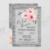 Aquarellfarben Blütenrosa Grau Rustikales Brautpar Einladung (Vorne/Hinten)