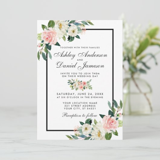 Aquarellfarben Blütenrosa Rosa Grün Weiße Hochzeit Einladung (Stehend Vorderseite)