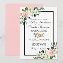 Aquarellfarben Blütenrosa Rosa Grün Weiße Hochzeit Einladung