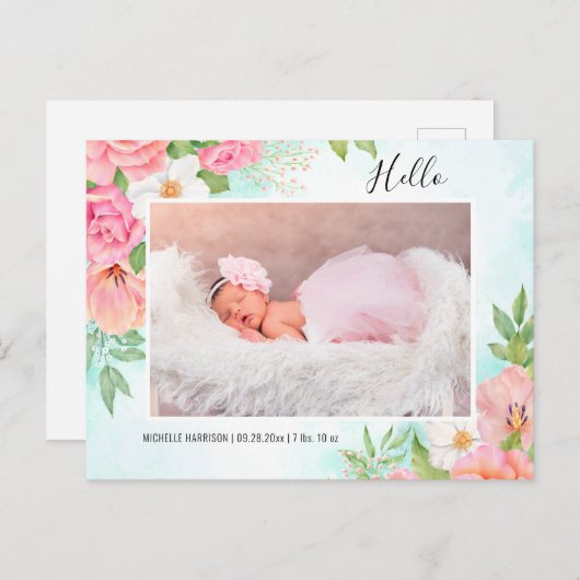 Aquarellfarben Blütenrosa Türkisfarben Kindermädch Ankündigungspostkarte (Vorne/Hinten)