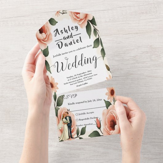 Aquarellfarben Blütenrot Rosa Braun & Groom Hochze All In One Einladung (Abreißen)