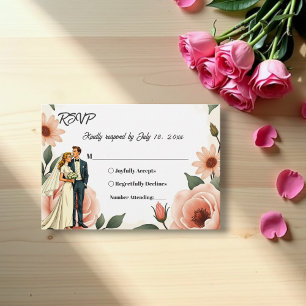 Aquarellfarben Blütenrot Rosa Braun & Groom Hochze RSVP Karte
