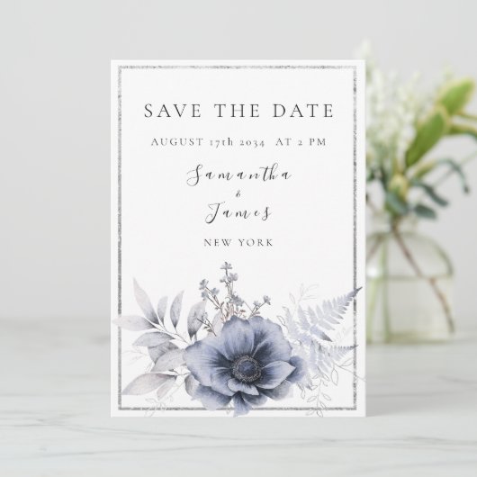 Aquarellfarben Bohemisch Blauer Blütenblume Save The Date (Stehend Vorderseite)