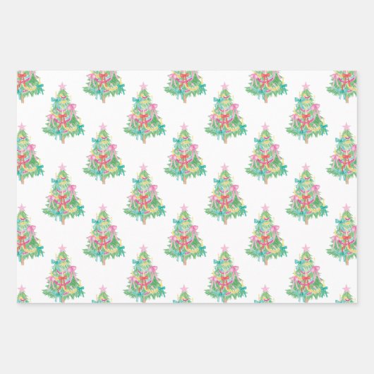Aquarellfarben Bright Coquette Bows Weihnachtsbaum Geschenkpapier Set (Vorderseite)