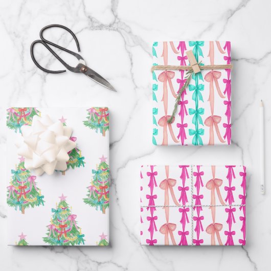 Aquarellfarben Bright Coquette Bows Weihnachtsbaum Geschenkpapier Set (Vorderseite)