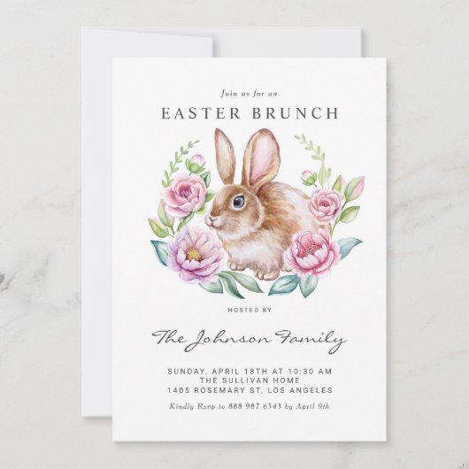 Aquarellfarben Bunny und Rosa Blume Osterfest Part Einladung (Vorderseite)