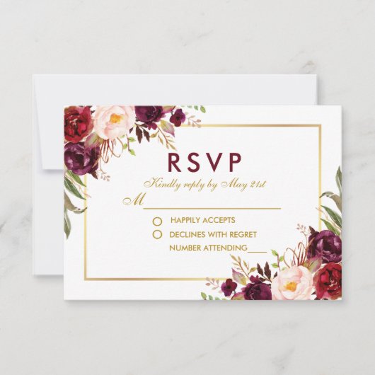 Aquarellfarben-Burgund-Gold-Hochzeit RSVP B (Vorderseite)