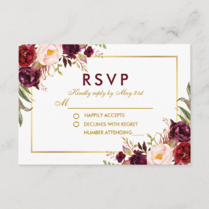 Aquarellfarben-Burgund-Gold-Hochzeit RSVP B Karte