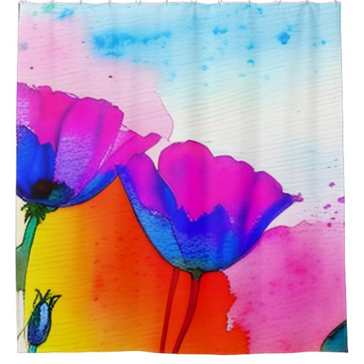 Aquarellfarben California Poppy Pink Blau Duschvorhang (Vorderseite)