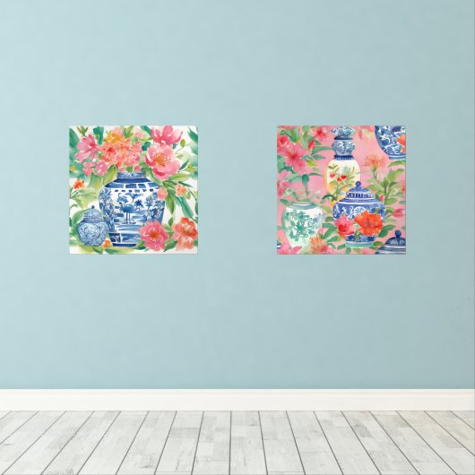 Aquarellfarben Chinoiserie Ginger Jars & Pink Blum Bilderwand Sets (Holzboden)