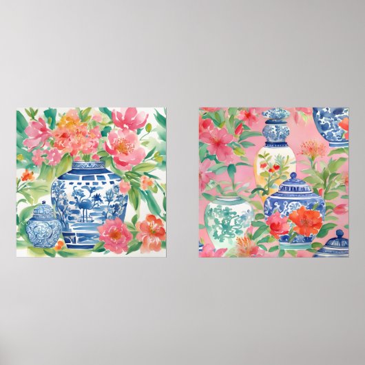 Aquarellfarben Chinoiserie Ginger Jars & Pink Blum Bilderwand Sets (Vorderseite)