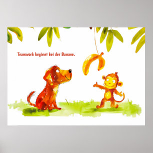 Aquarellfarben Comic Hund und Affe Woll Banana Poster