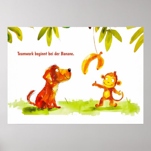 Aquarellfarben Comic Hund und Affe Woll Banana Poster (Vorne)