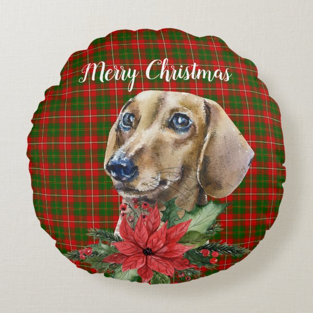 Aquarellfarben Dackel Hund Weihnachten Rundes Kissen (Vorderseite)