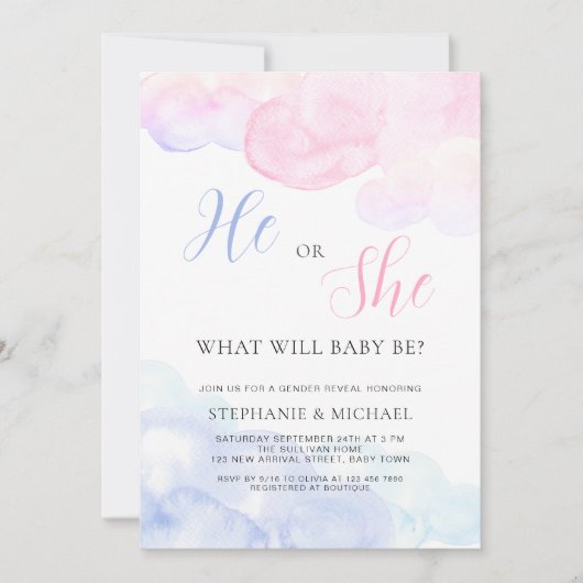 Aquarellfarben Das Party von "Er oder sie Geschlec Einladung (Vorderseite)