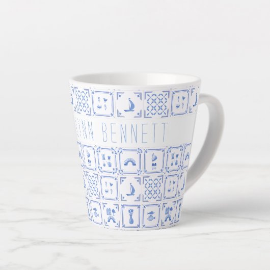 Aquarellfarben Delft Blau und Weiß Tile | Monogram Milchtasse (Rechte Ecke)