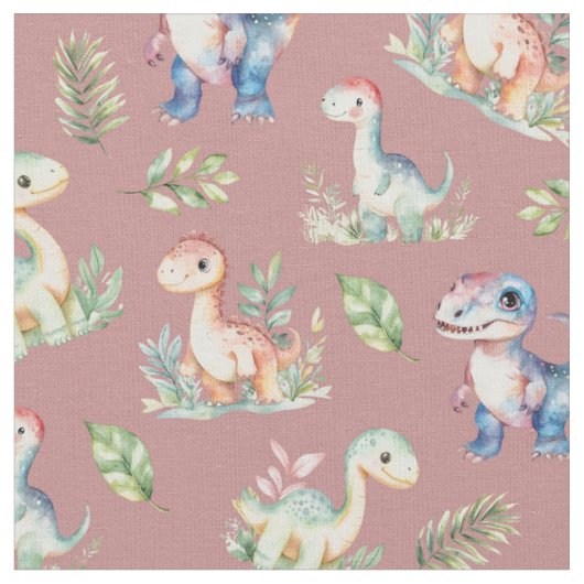 Aquarellfarben-Dinosaurier auf dunkler Rose rosa Stoff (Nahaufnahme)