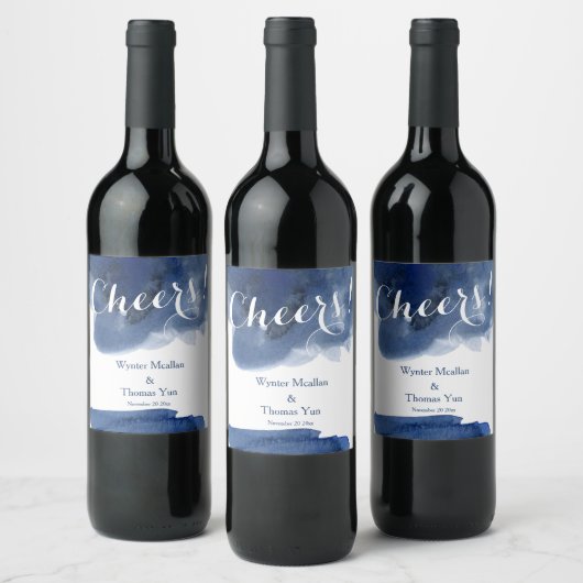 Aquarellfarben, dunkelblau, Hochzeitsmarke Weinetikett (Flaschen)