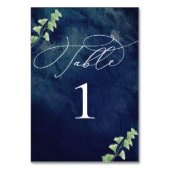 Aquarellfarben Dunkelblau mit Grünen Hochzeit Tischnummer (Rückseite)