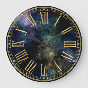 Aquarellfarben dunkelgrüne Galaxie & Sterne Große Wanduhr