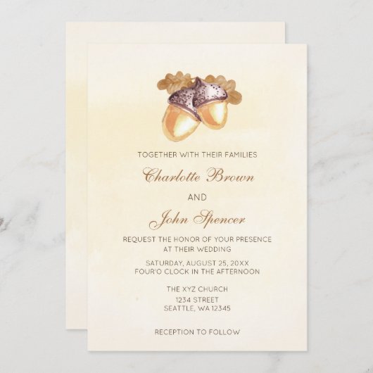 Aquarellfarben Eiche Blätter Hochzeit im Herbst Einladung (Vorne/Hinten)