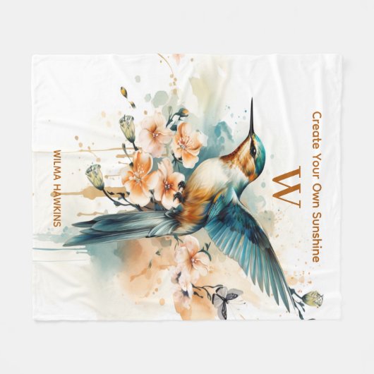 Aquarellfarben Elegantes Hummingbird Monogramm mit Fleecedecke (Vorderseite (Horizontal))