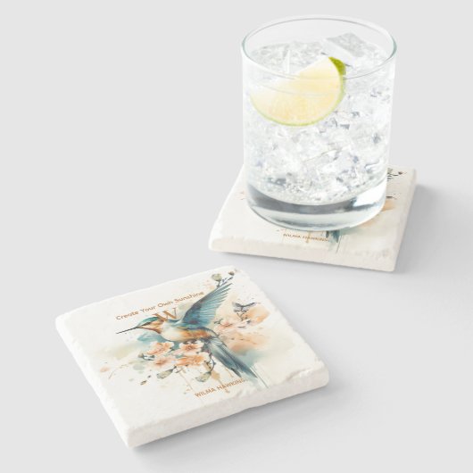 Aquarellfarben Elegantes Hummingbird Monogramm mit Steinuntersetzer (Seitenansicht)