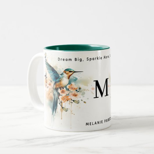 Aquarellfarben Elegantes Hummingbird Monogramm mit Zweifarbige Tasse (Vorderseite Links)