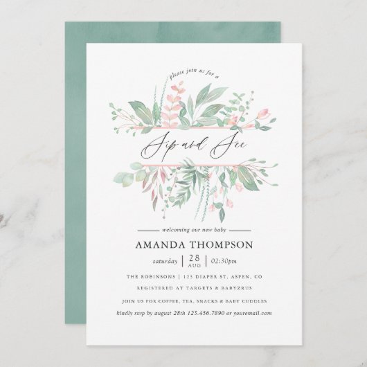 Aquarellfarben Eukalyptus Rose Geometrische Seite  Einladung (Vorne/Hinten)