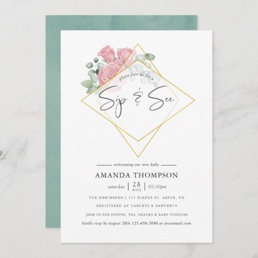 Aquarellfarben Eukalyptus Rose Geometrische Seite Einladung (Vorne/Hinten)