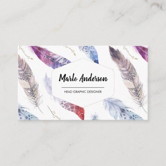 Aquarellfarben Feathers Modern Boho Business Card Visitenkarte (Vorderseite)